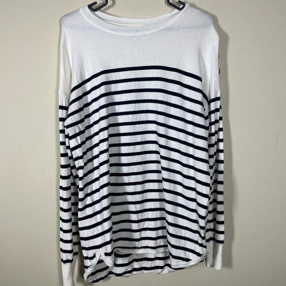 Marled Women's Long Sleeve Cream & Black Stripe Button Detail Top L Rayon - Picture 1 of 5